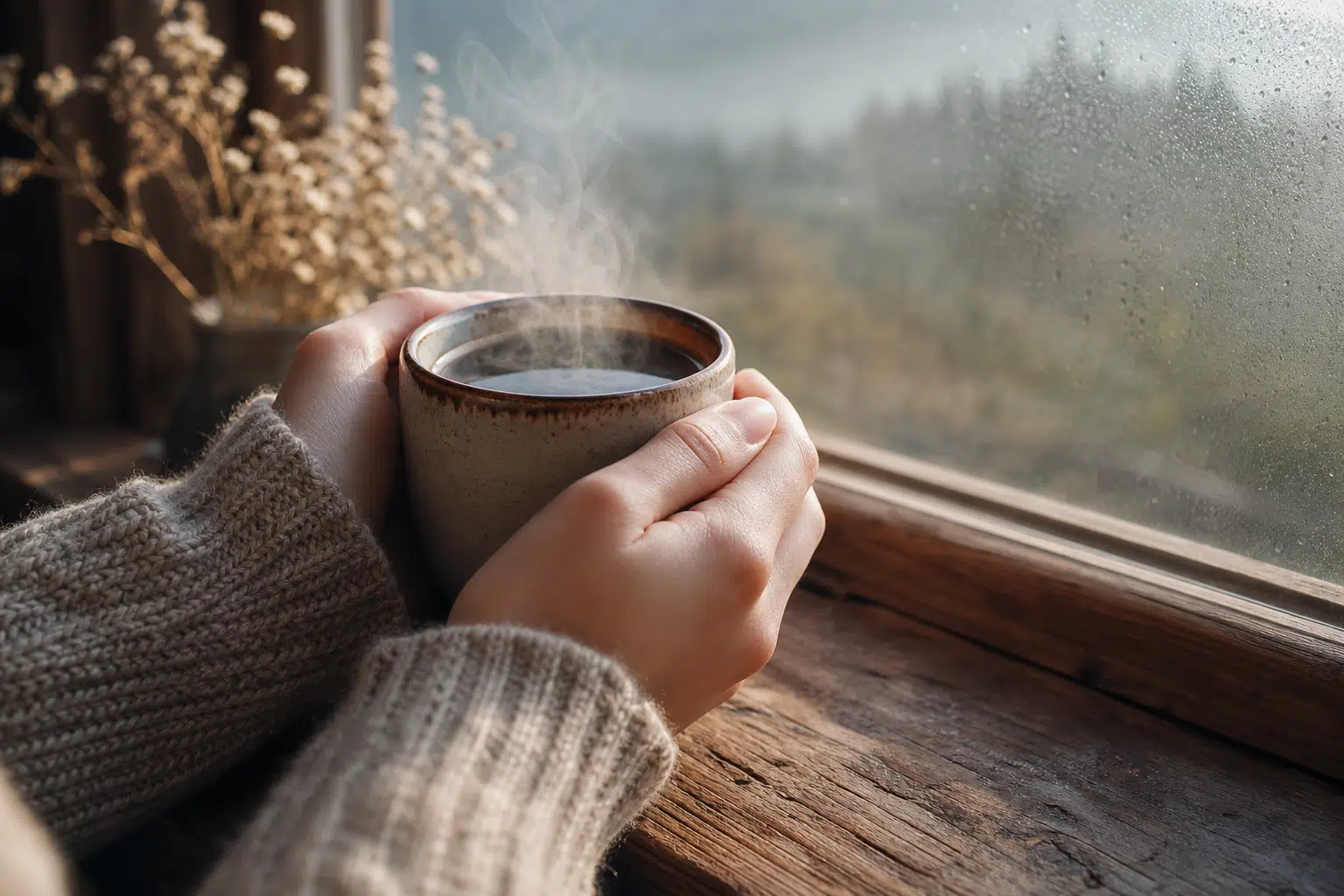 Hands holding a steaming mug by a window.