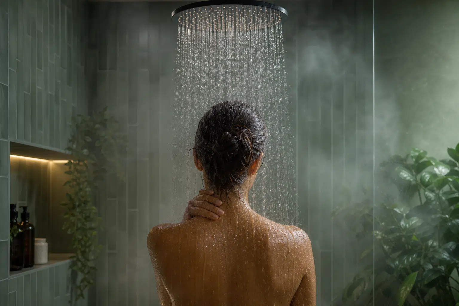 Woman enjoying a tranquil shower amidst lush greenery.