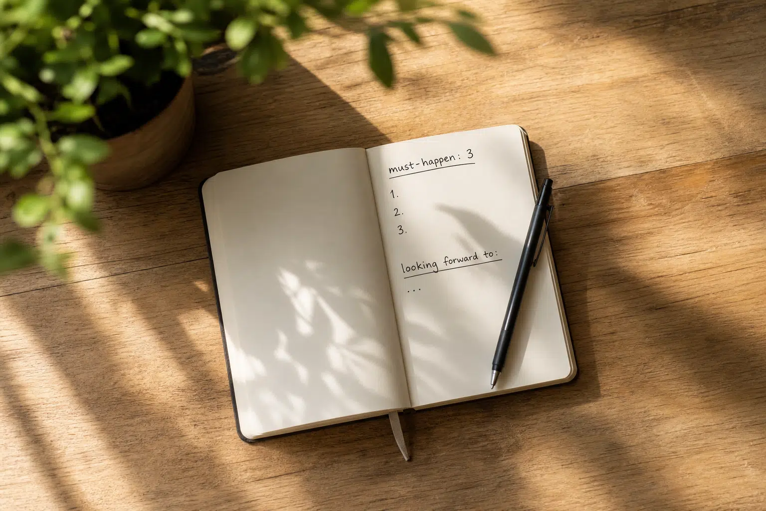 open notebook with pen on wooden table, sunlight casting shadows.