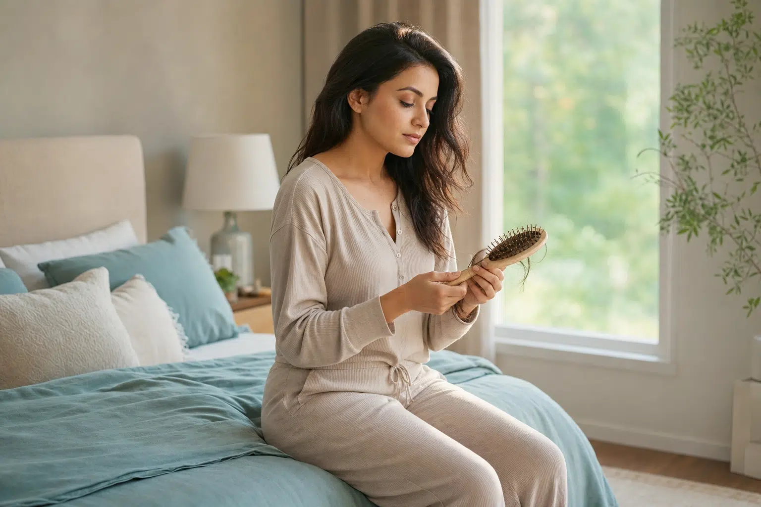 Woman examining hairbrush in bedroom setting.