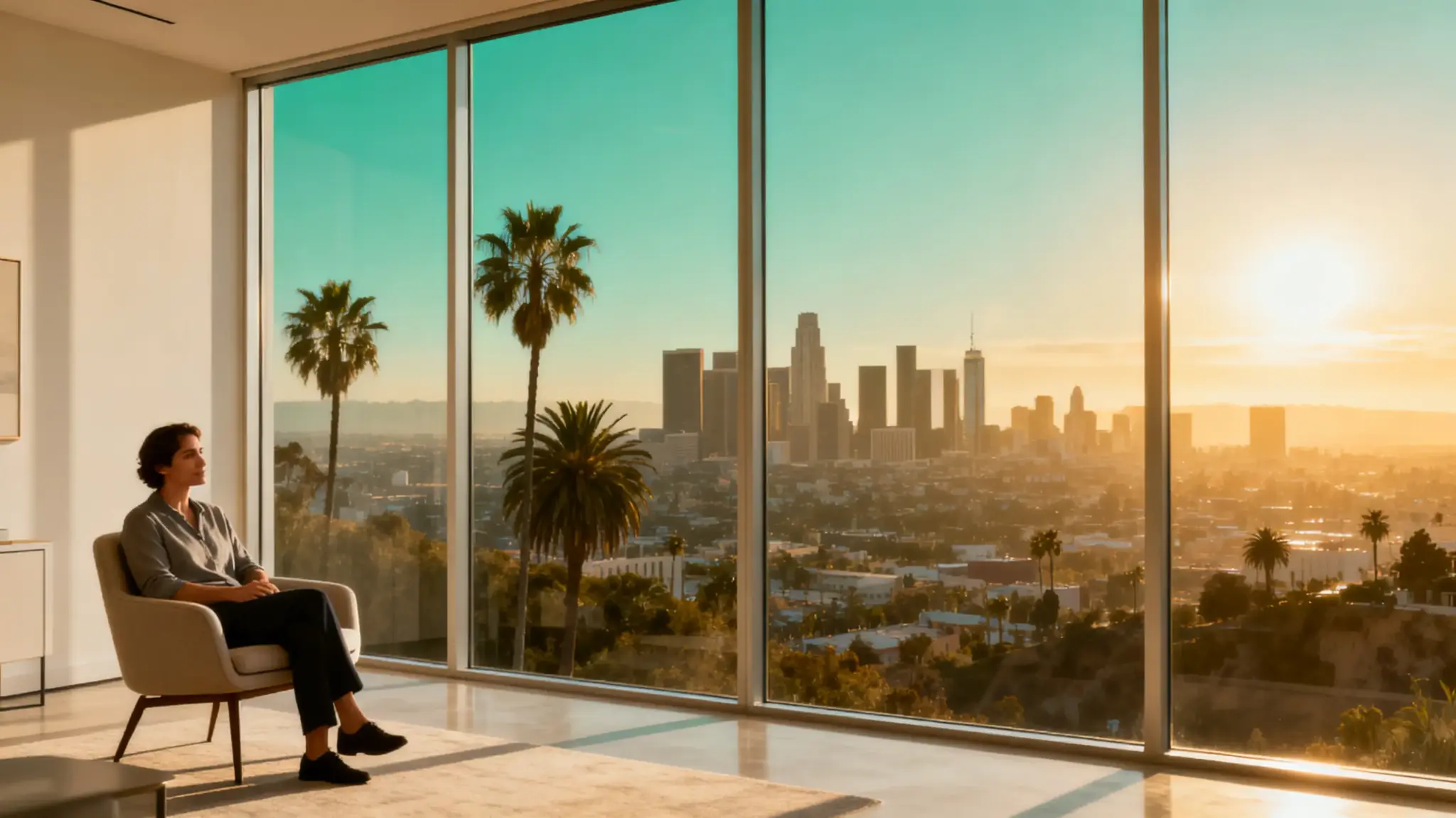 Person sitting in a modern room with large windows overlooking city skyline at sunset