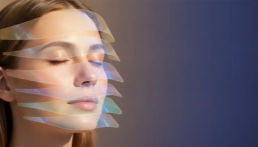 Woman's face with layered holographic elements on gradient background