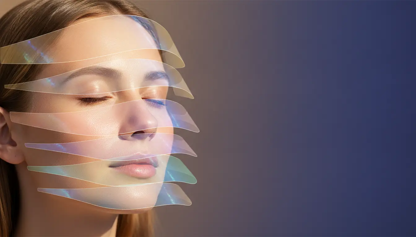 Woman's face with layered holographic elements on gradient background