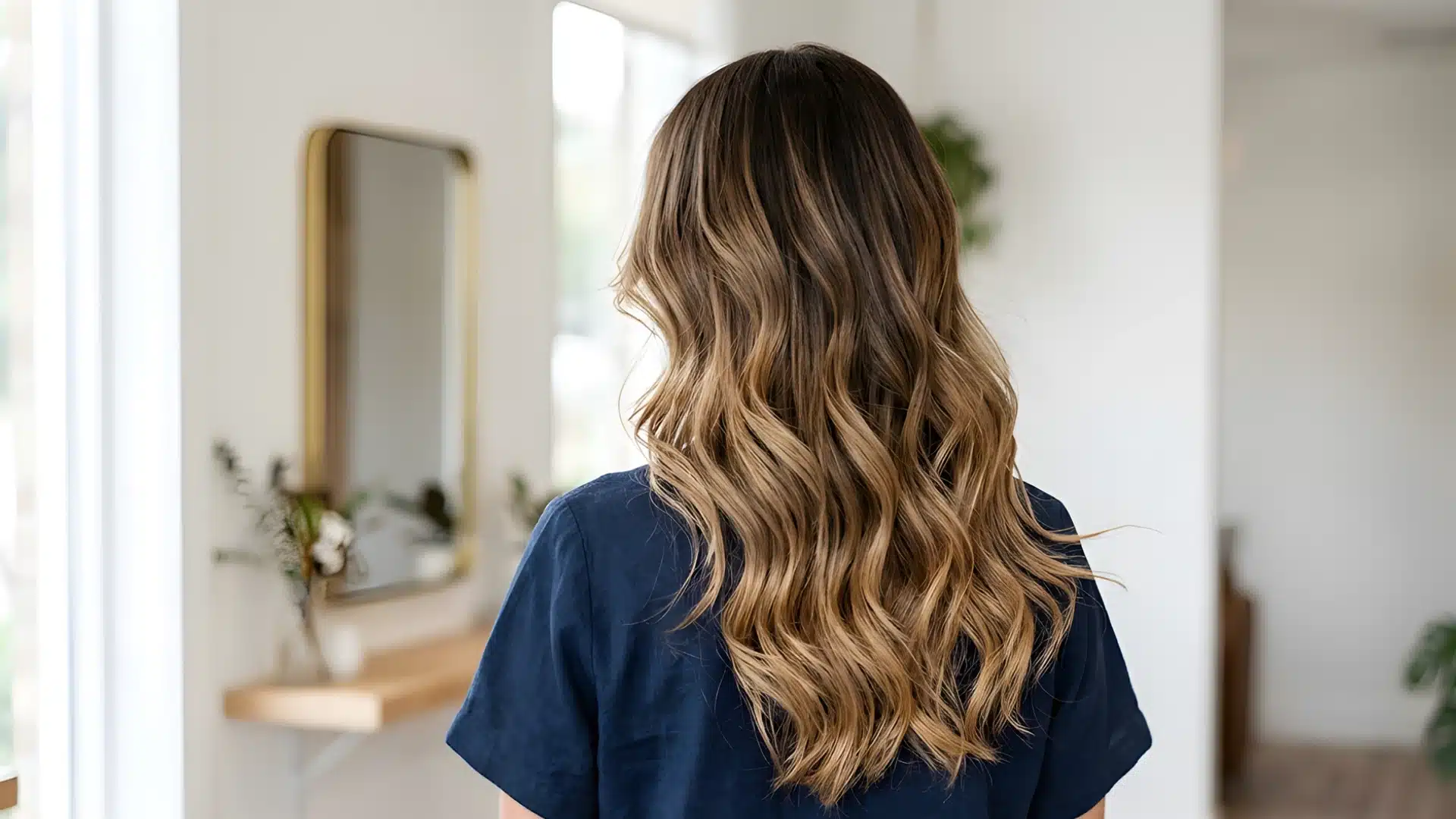 A back view of a woman with long, wavy hair showcasing her balayage highlights in a softly lit room