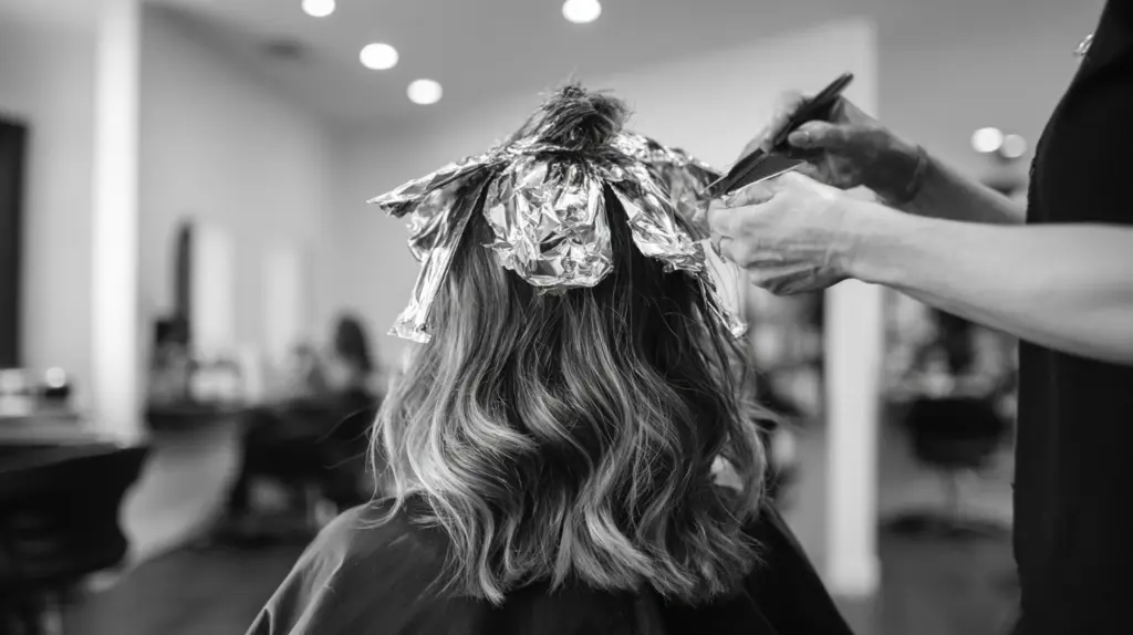 A black and white image of a woman getting her hair highlighted by a stylist through foil highlights at a hair salons