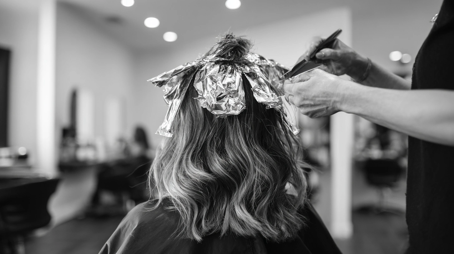 A black and white image of a woman getting her hair highlighted by a stylist through foil highlights at a hair salons