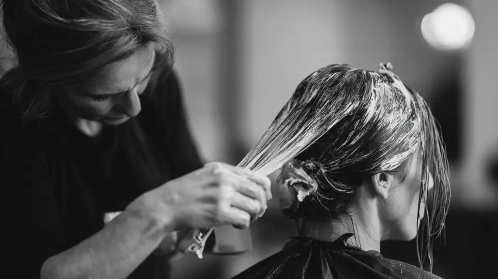 A black and white image of a woman receiving hair lightening treatment for dark hair from her stylist in a salon