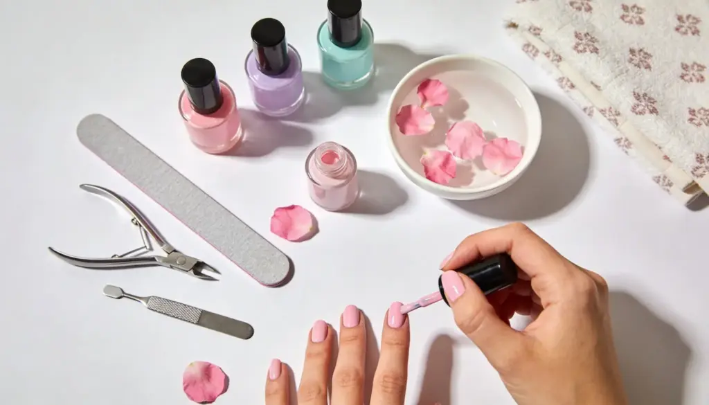 A person applies light pink nail polish while various manicure tools pastel polish bottles and a bowl of water with rose petals sit on a white surface