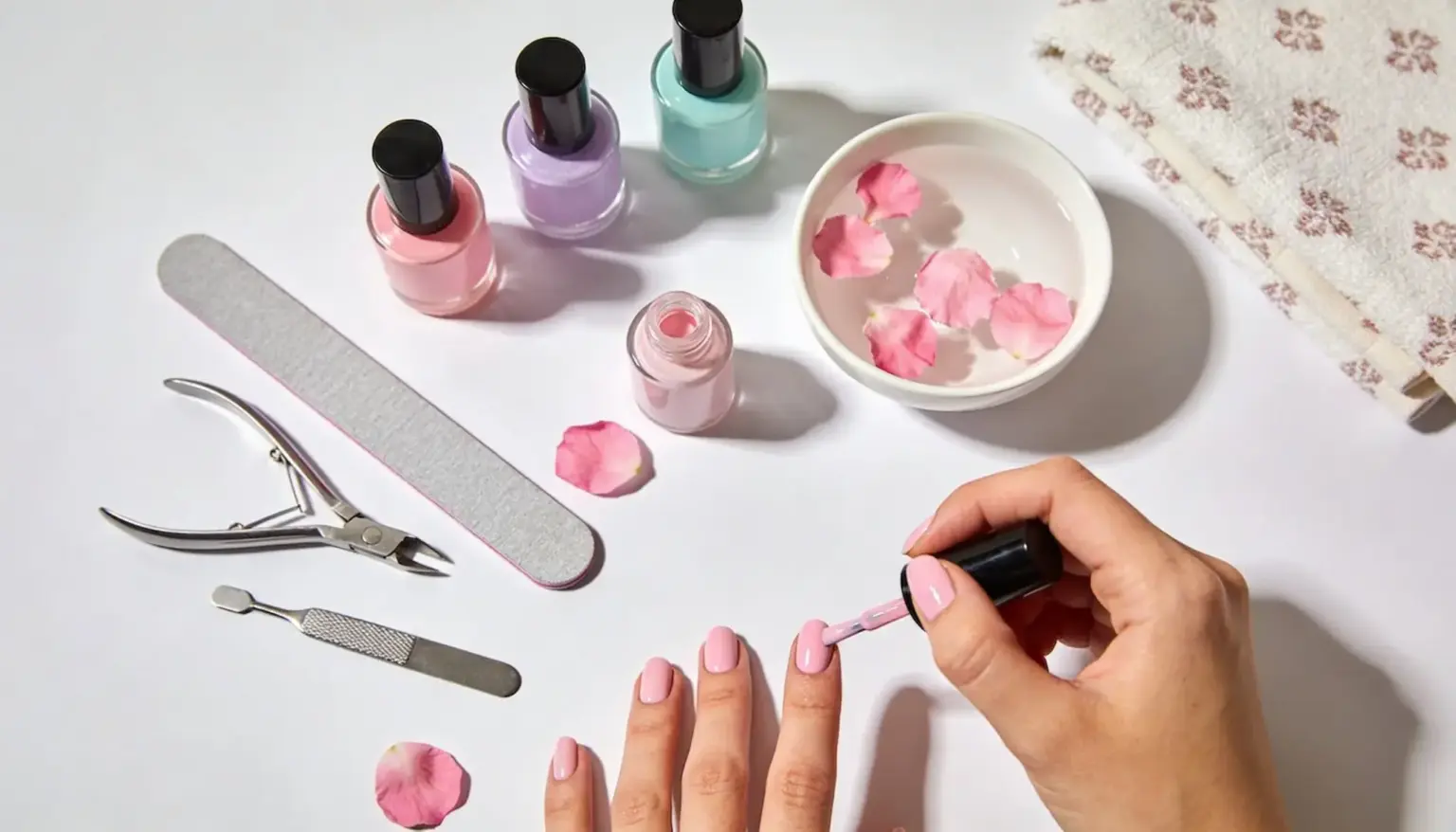 A person applies light pink nail polish while various manicure tools pastel polish bottles and a bowl of water with rose petals sit on a white surface