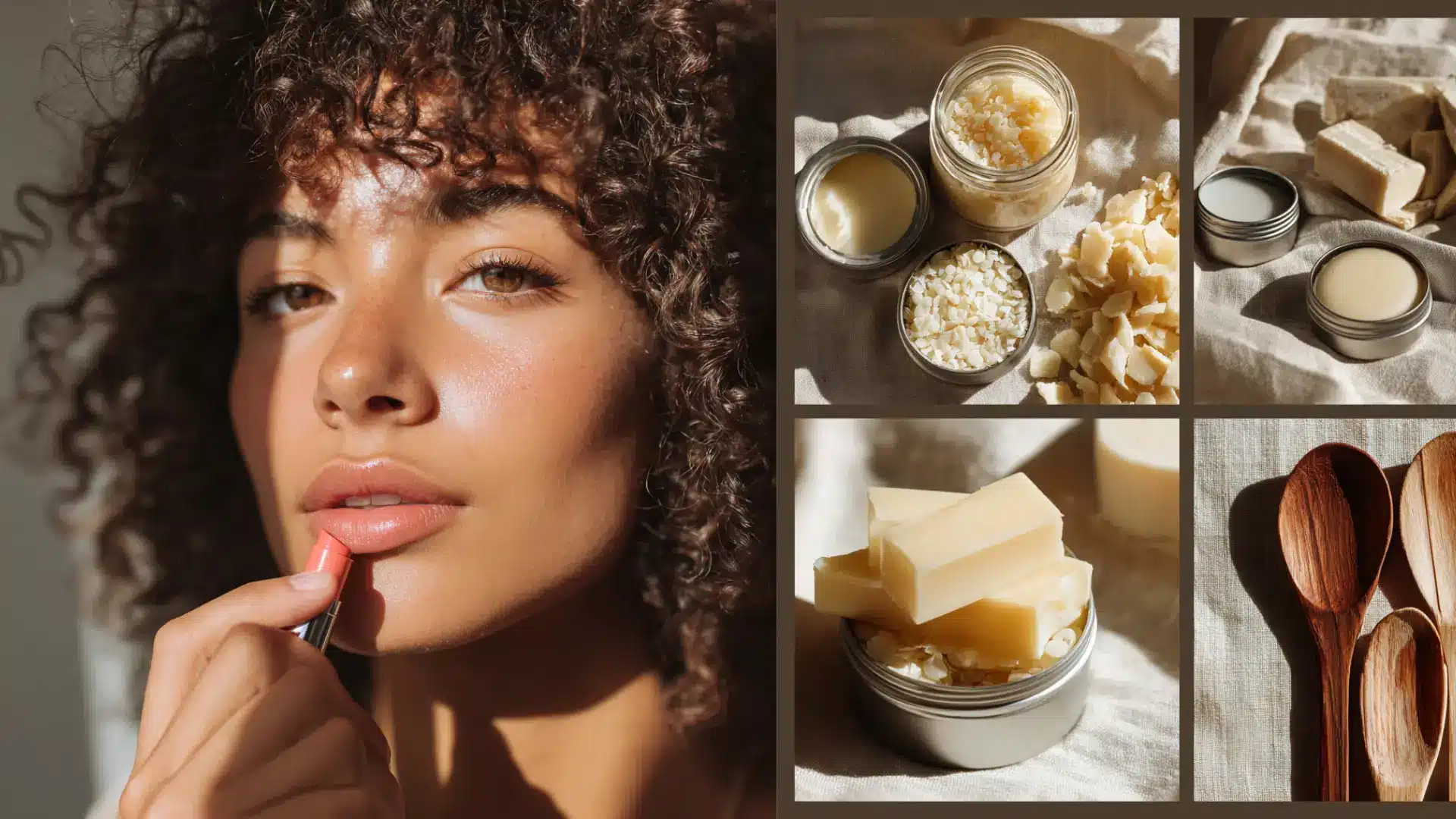 A woman applies peach lipstick next to jars of beeswax pellets and balms with wooden spoons for natural lip care