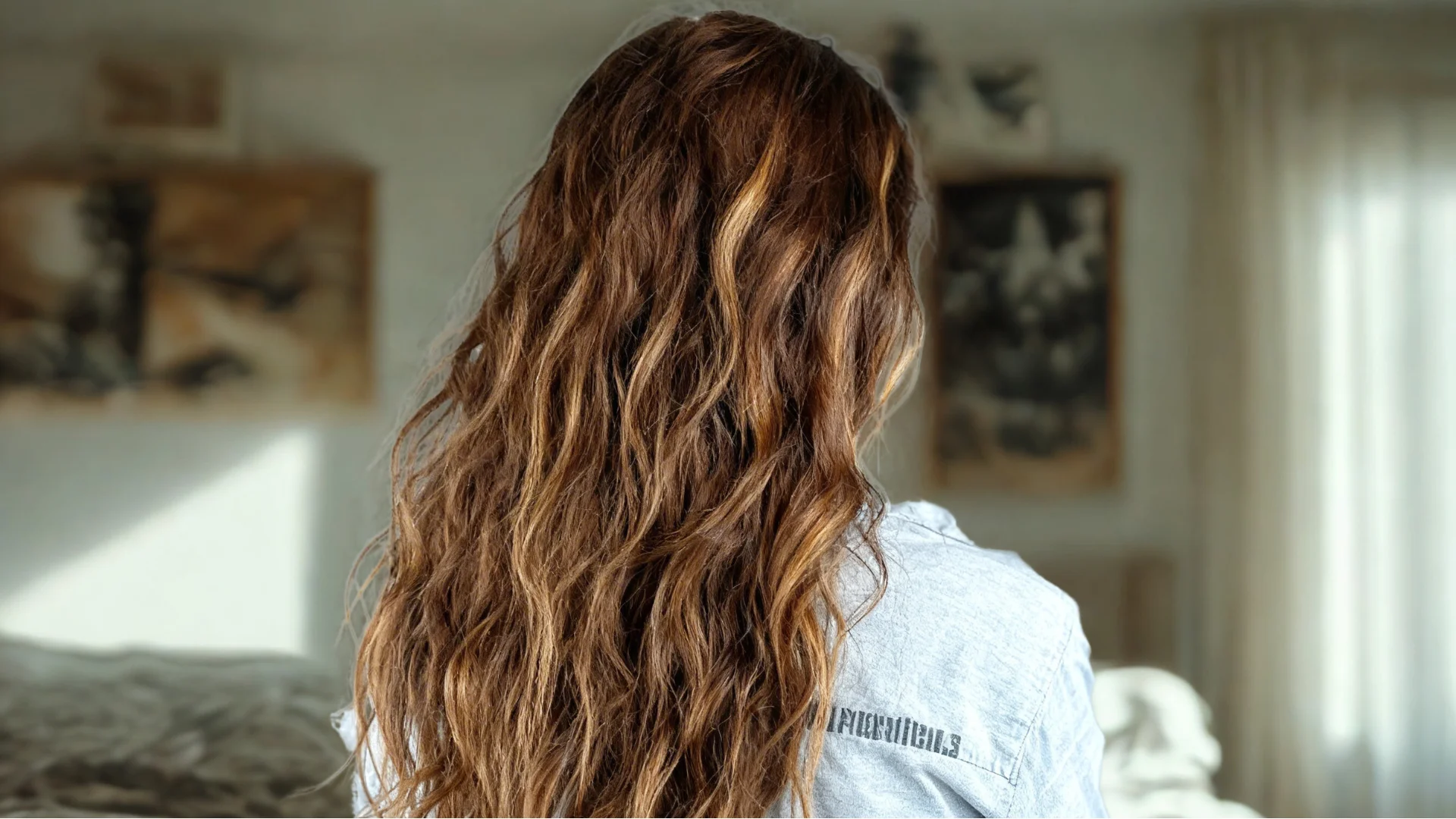 A woman with long, wavy hair viewed from the back, showcasing her damaged, frizzy highlights