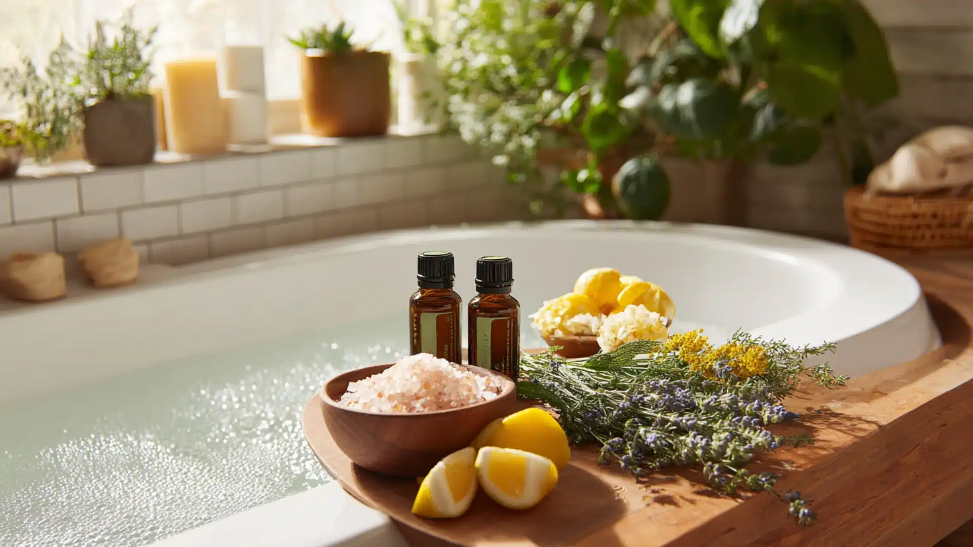 A wooden tray near a bathtub holds essential oil bottles, a bowl of pink bath salts, fresh lemons, and bundles of lavender and yellow flowers, surrounded by soft natural light and greenery.