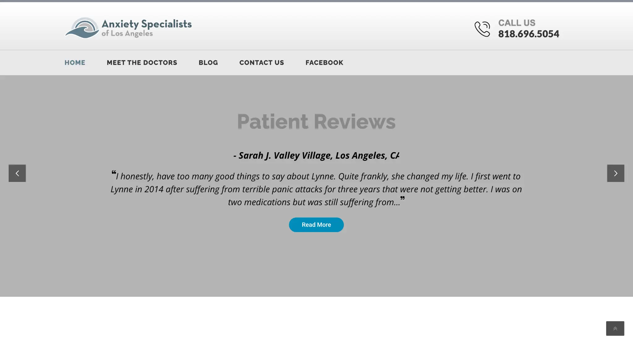 Patient review excerpt with testimonial text on light gray background, navigation arrows, and contact information header