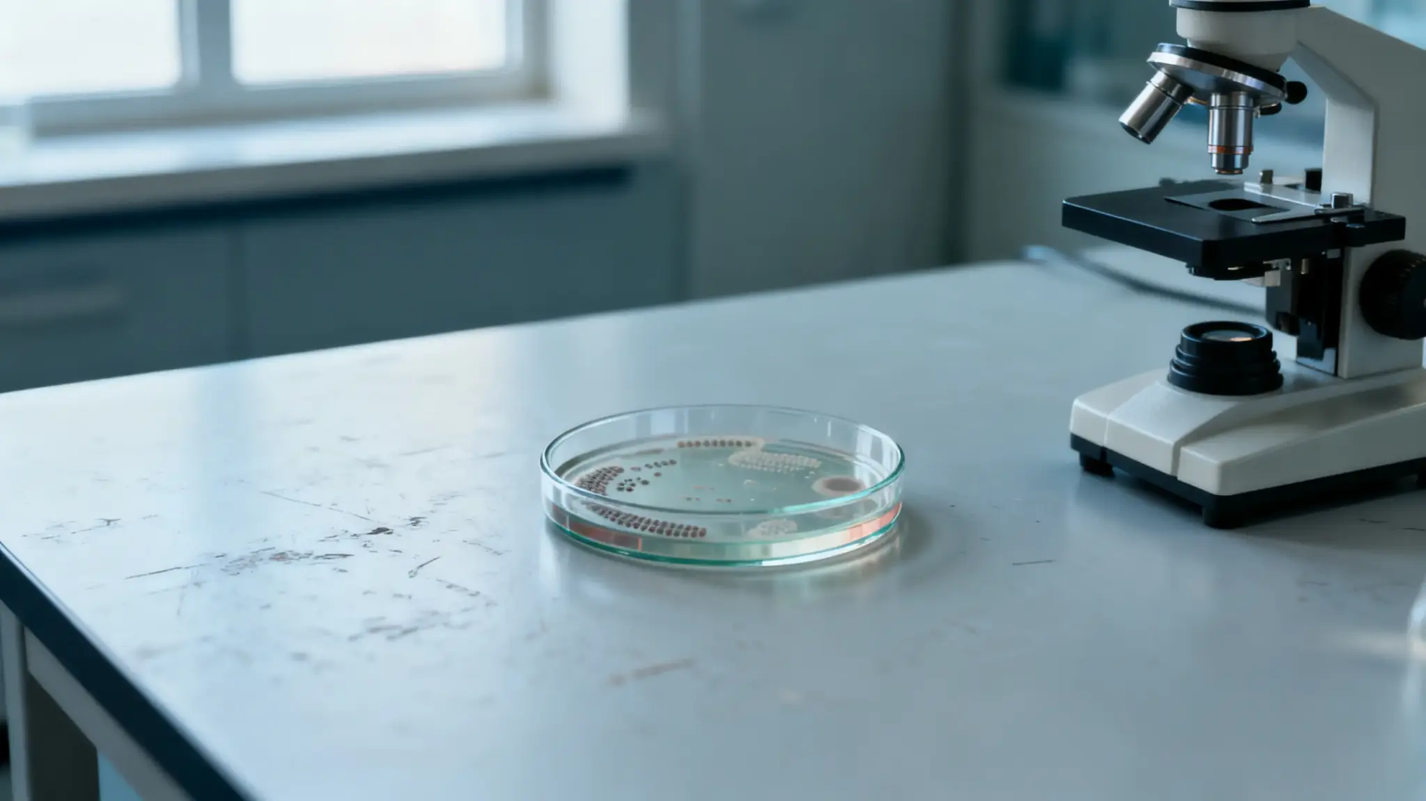 Petri dish with cultures and microscope on laboratory countertop in bright indoor setting