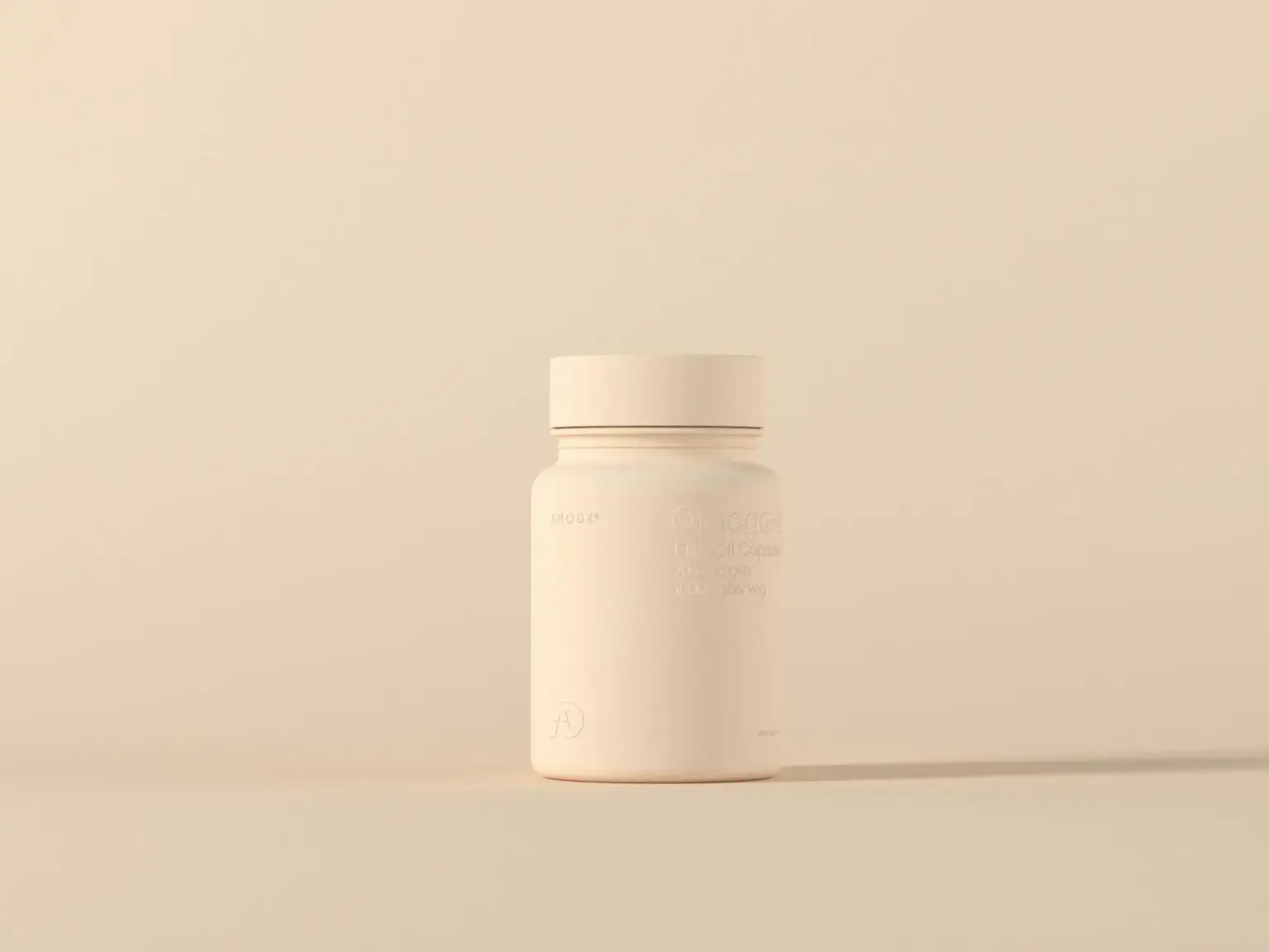 Cream-colored supplement bottle on a beige background in soft lighting