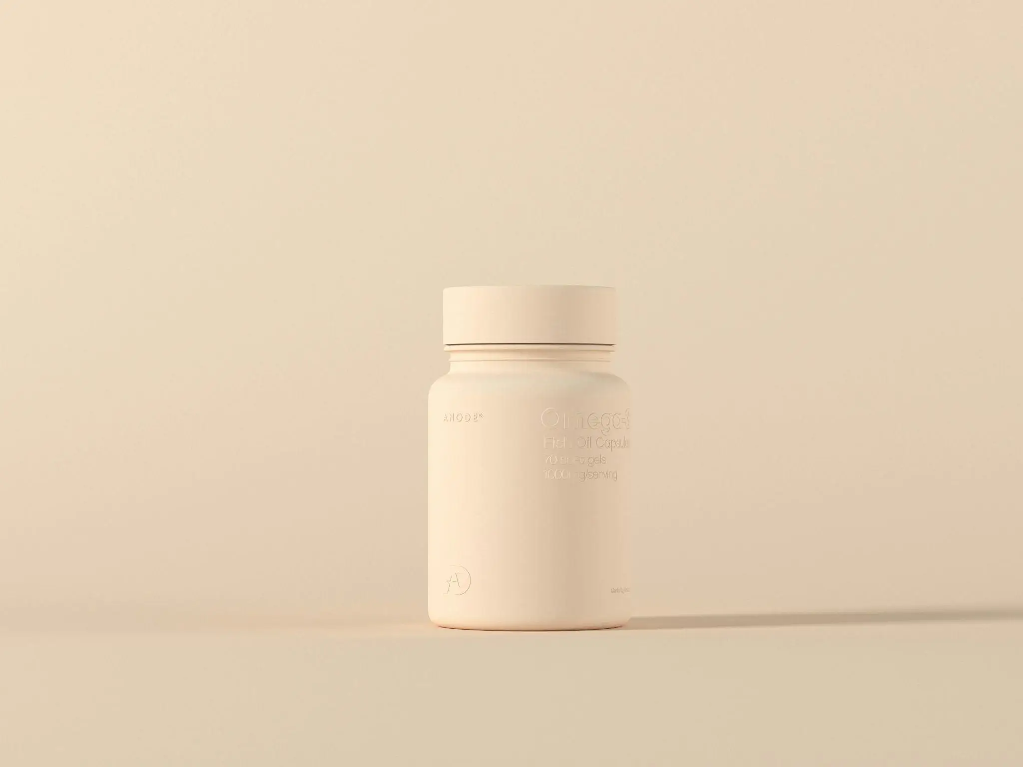 Cream-colored supplement bottle on a beige background in soft lighting