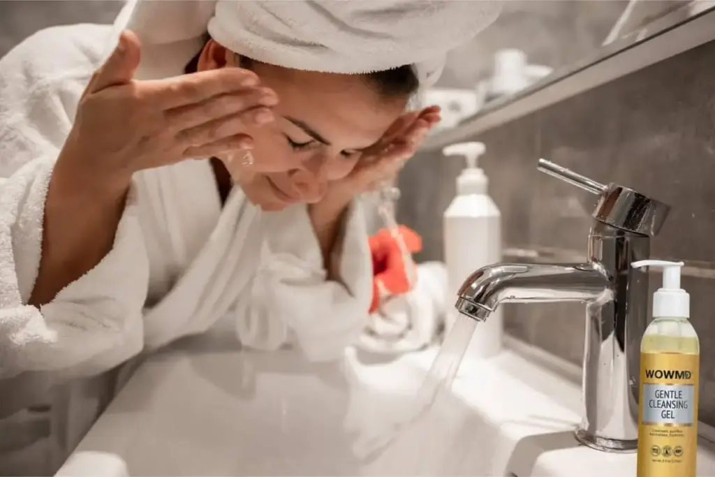 Woman washing face with water in bathroom, wearing white robe and towel turban, gentle cleansing gel nearby