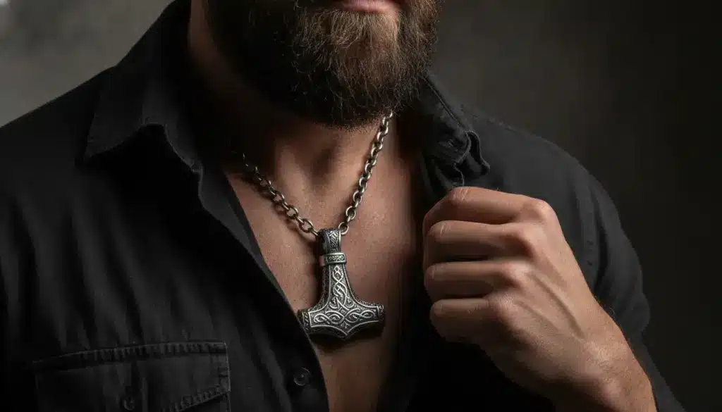 Man wearing intricate Thor's hammer pendant on a chain with black shirt in dim lighting