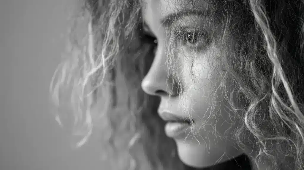 Black and white close-up of woman with frizzy, dry hair, highlighting mistakes to avoid, with pro fixes for damaged highlights