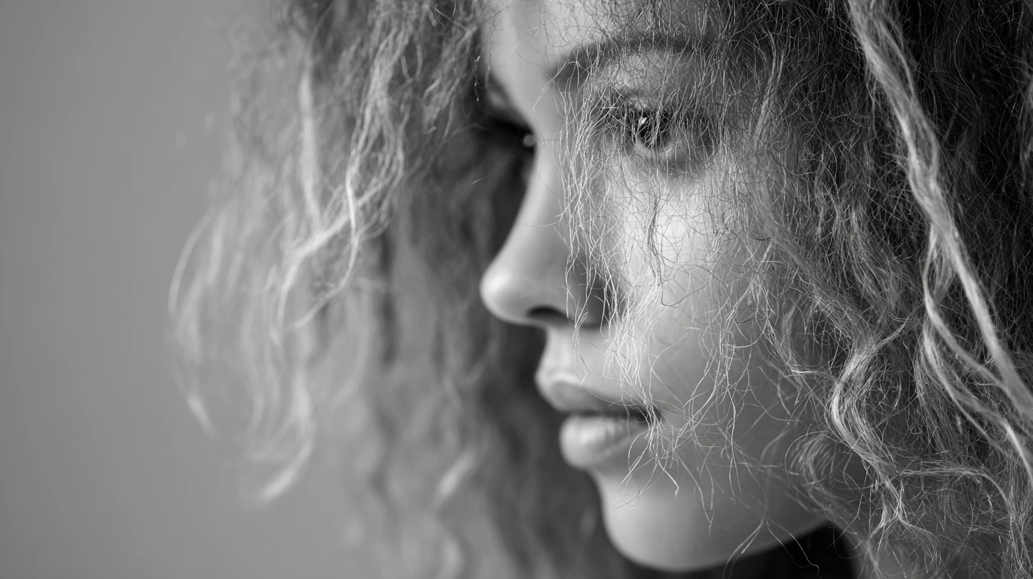 Black and white close-up of woman with frizzy, dry hair, highlighting mistakes to avoid, with pro fixes for damaged highlights