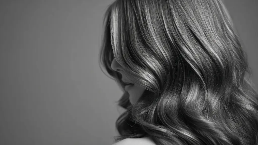 Black and white photo of a side view of a woman showing her hair highlights