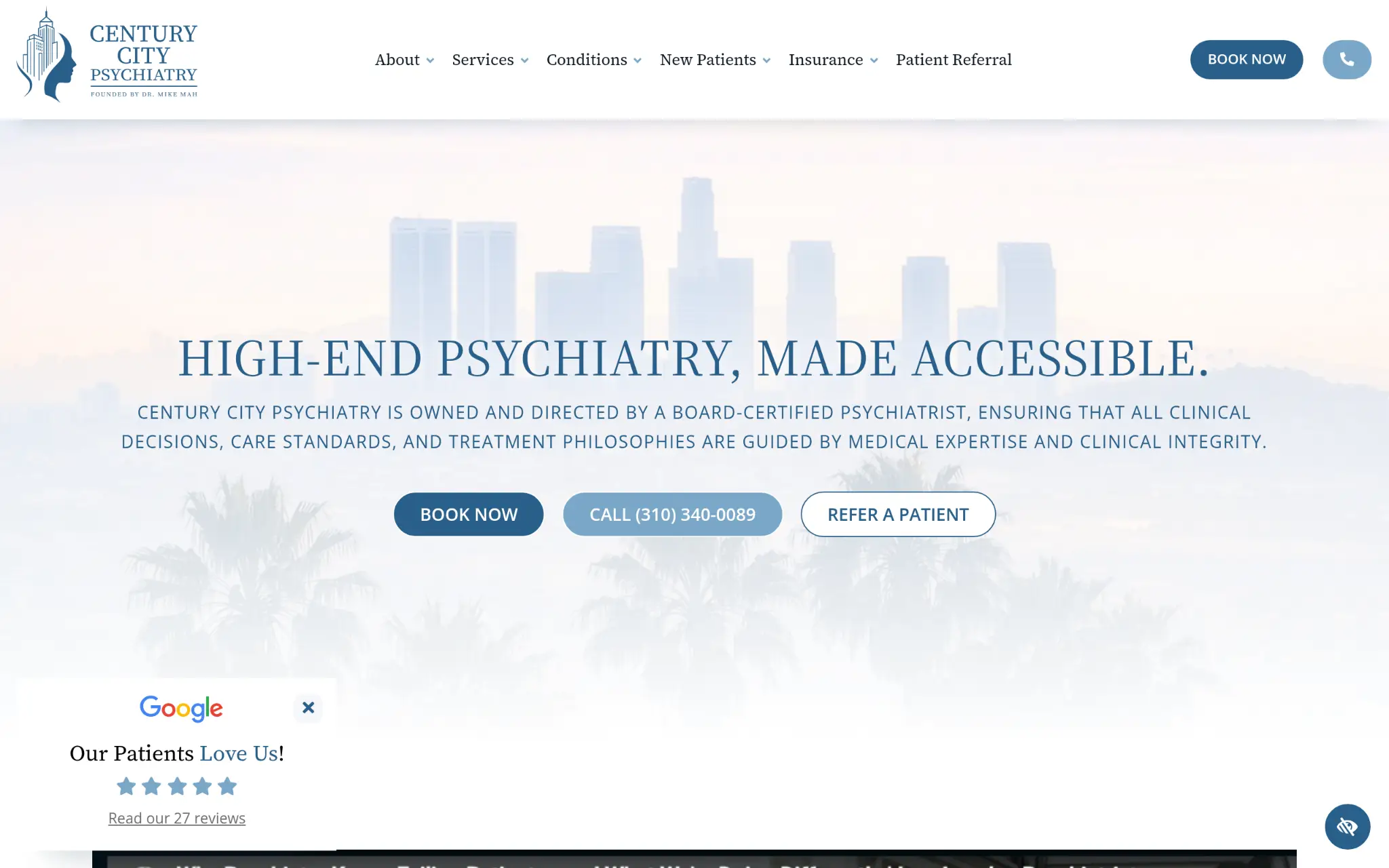 Modern skyline with text overlay on psychiatry website homepage design in light tones