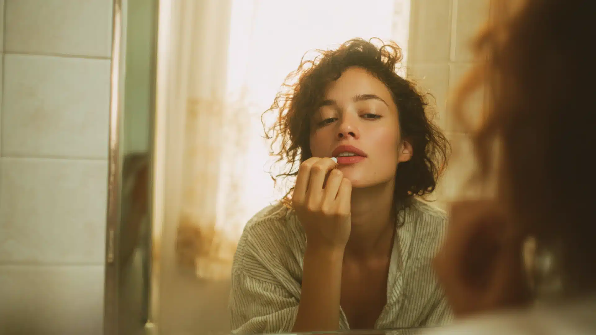 close up of a women applying tinted lip balm on her lips in warm light to show a diy lip balm usage