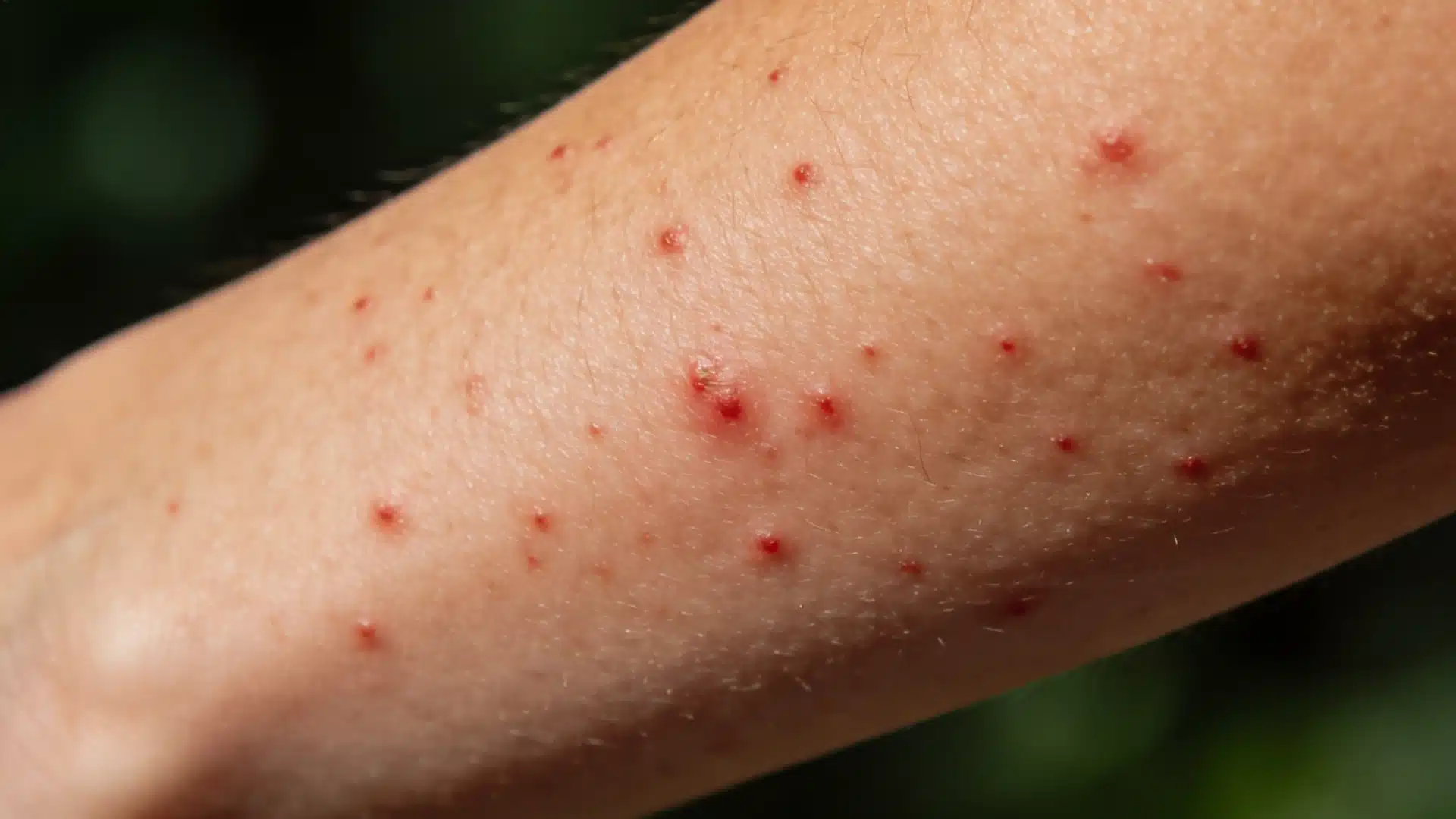 Close-up of an arm displaying a cluster of irritated, red blisters and weeping sores, indicative of a rash or infection. (1)