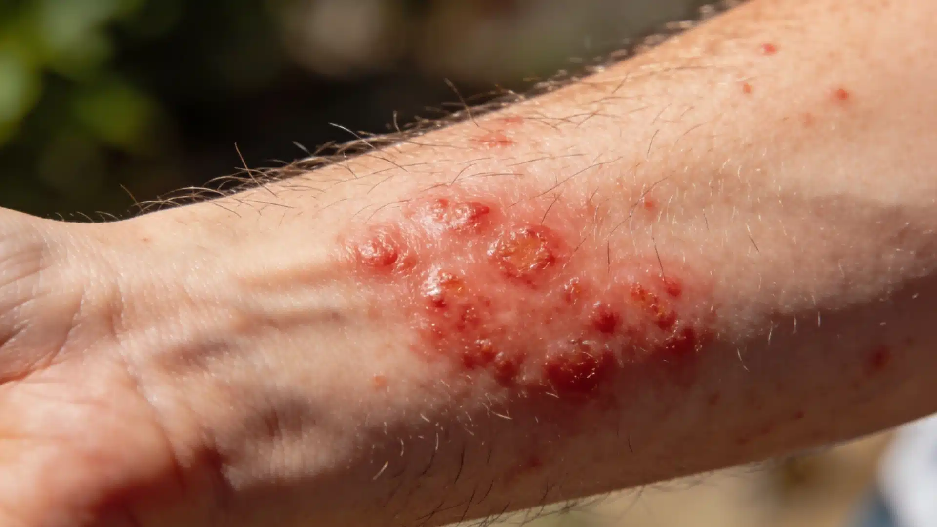 Close-up of an arm displaying a cluster of irritated, red blisters and weeping sores, indicative of a rash or infection