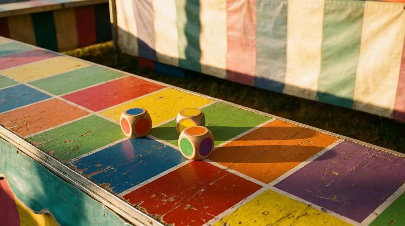 Colorful carnival game booth with dice on multicolored checkered table in warm sunlight