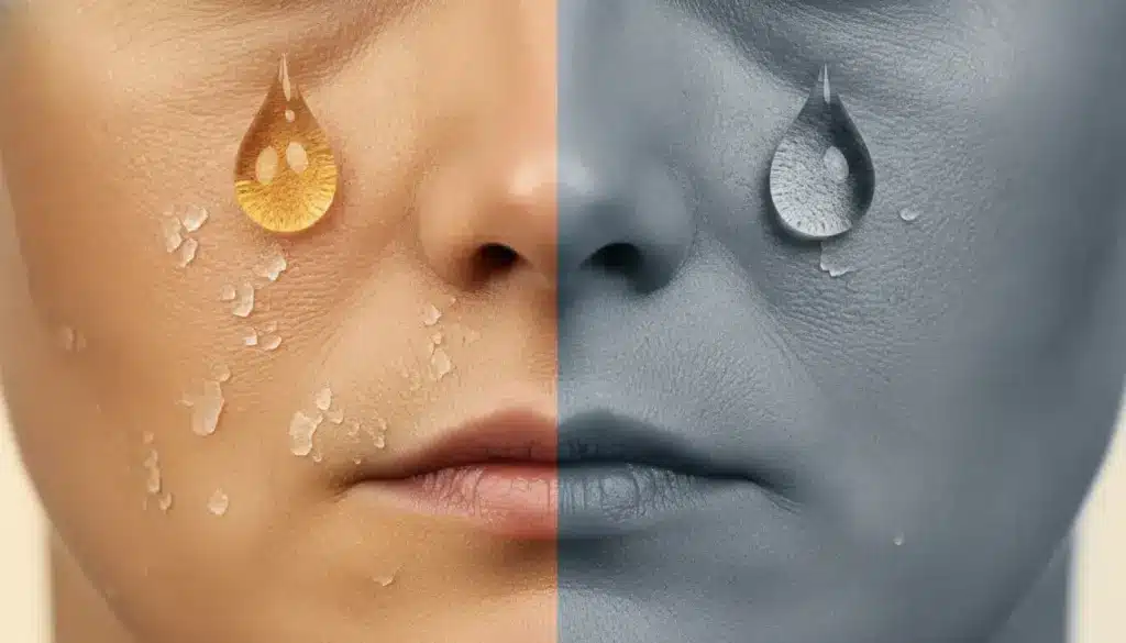 Close-up of split face with textured skin and oil drop, showing color and grayscale.