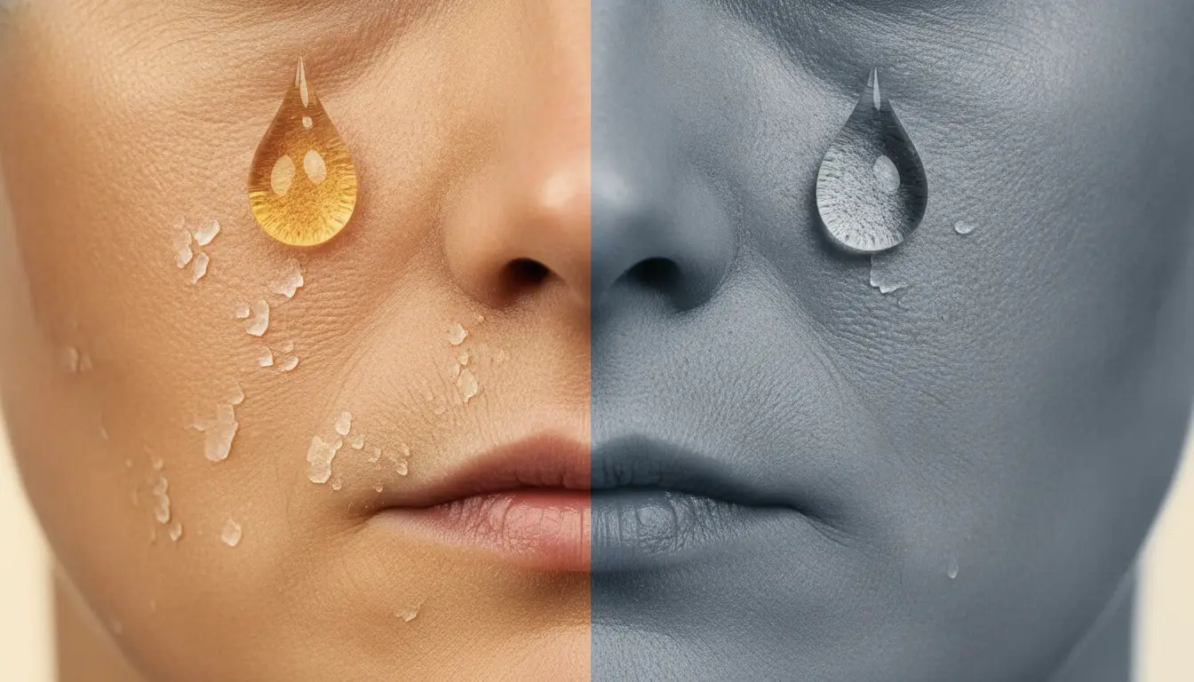 Close-up of split face with textured skin and oil drop, showing color and grayscale.