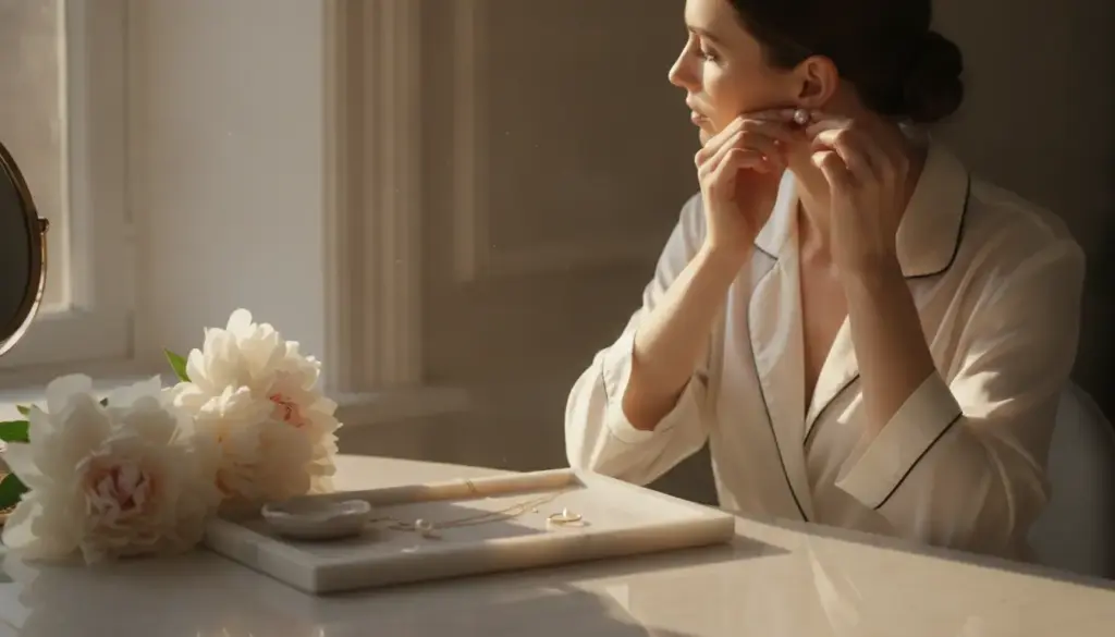 Woman in satin robe putting on pearl earring at sunlit vanity table with flowers