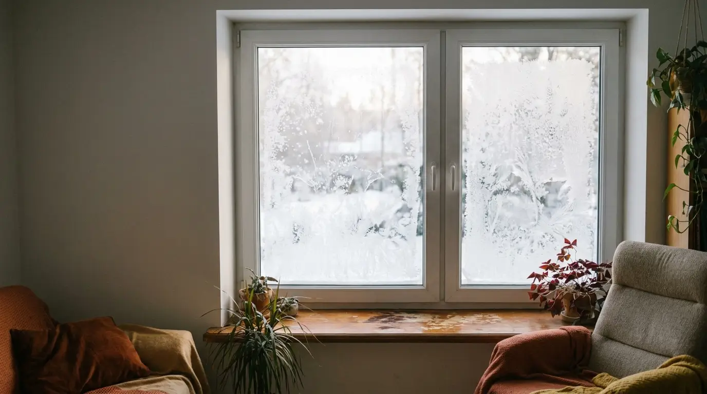 Frosted window with indoor plants on wooden sill between two armchairs