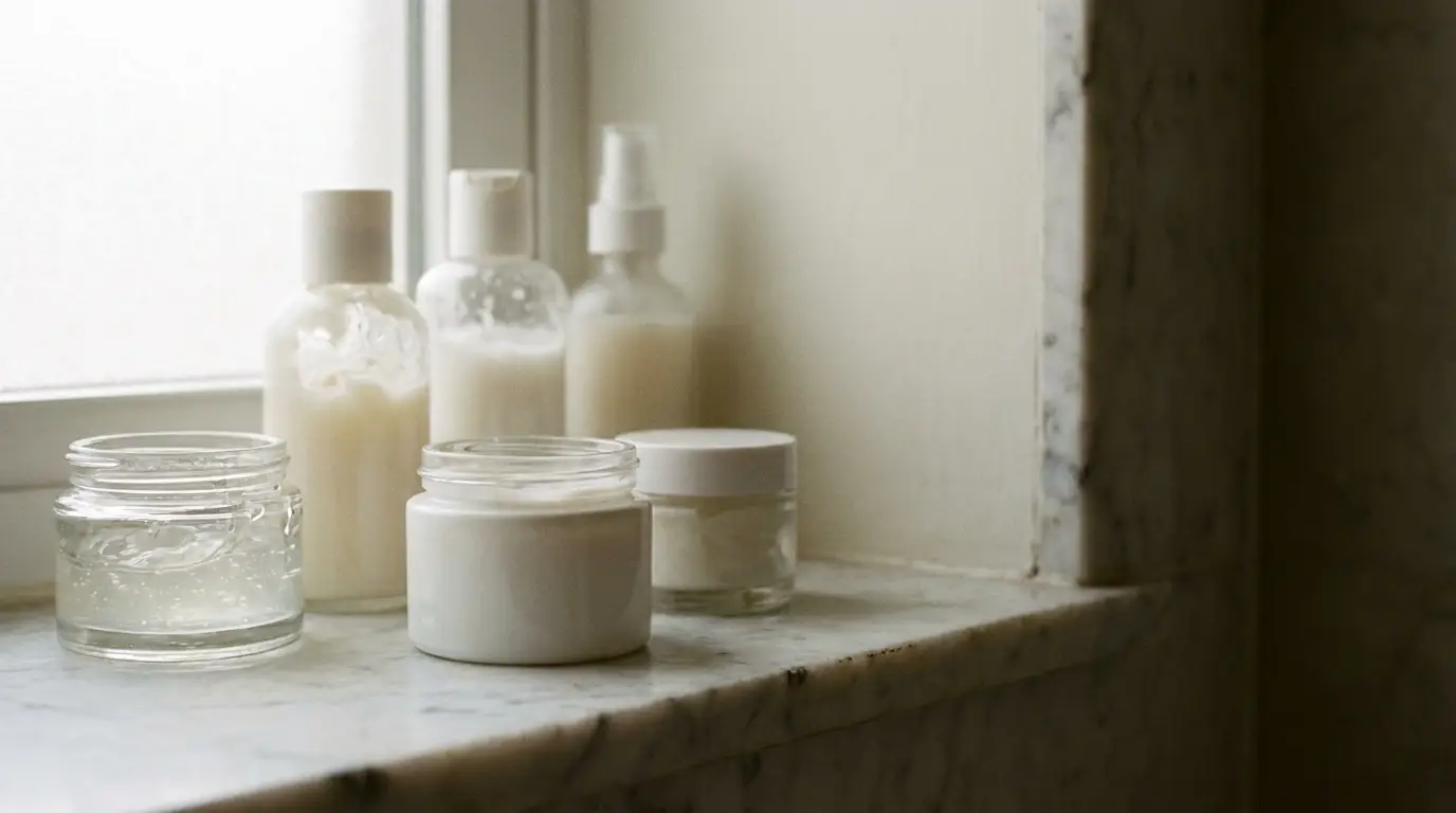 Skincare products in clear and white containers on marble windowsill in soft natural light