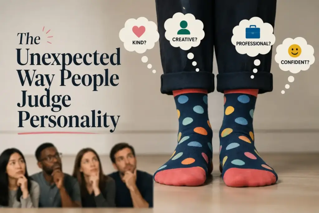 Colorful polka dot socks with thought bubbles about personality traits in a neutral setting