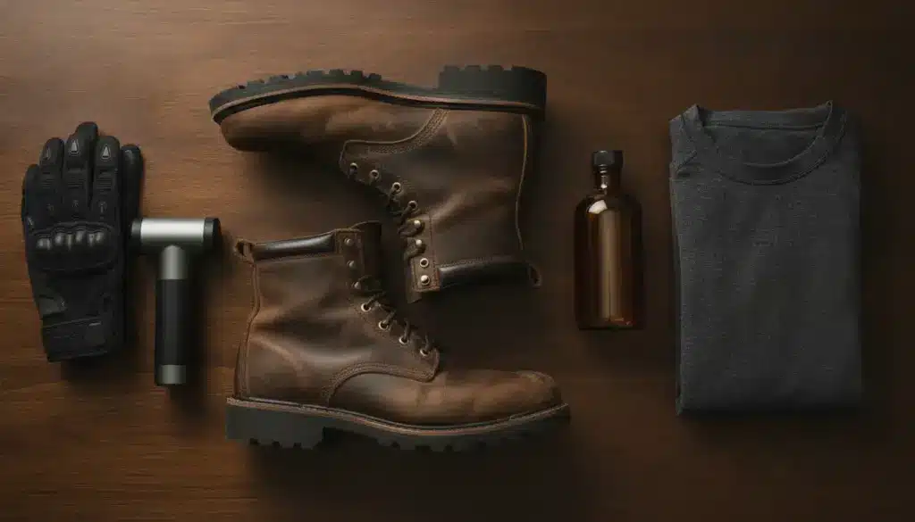 Brown leather boots, black gloves, massage gun, amber bottle, and folded shirt on wooden surface
