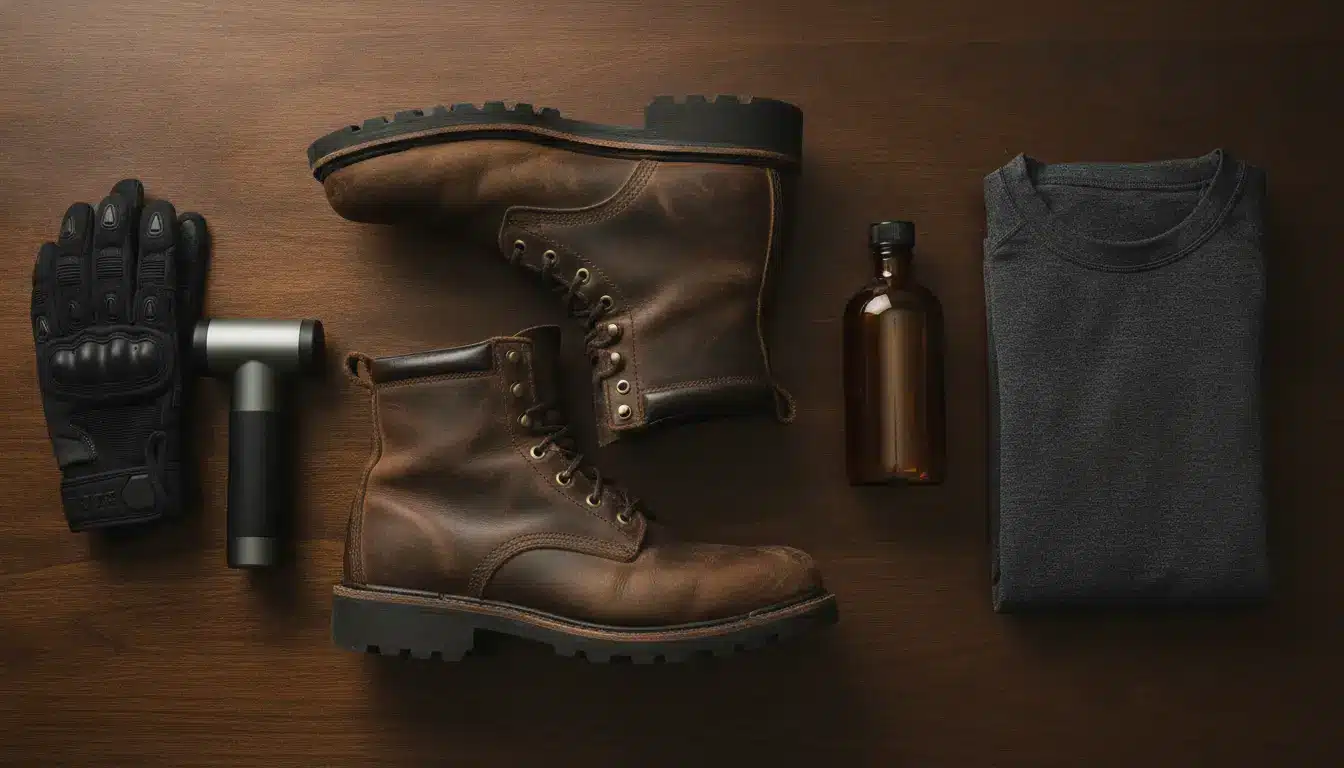 Brown leather boots, black gloves, massage gun, amber bottle, and folded shirt on wooden surface