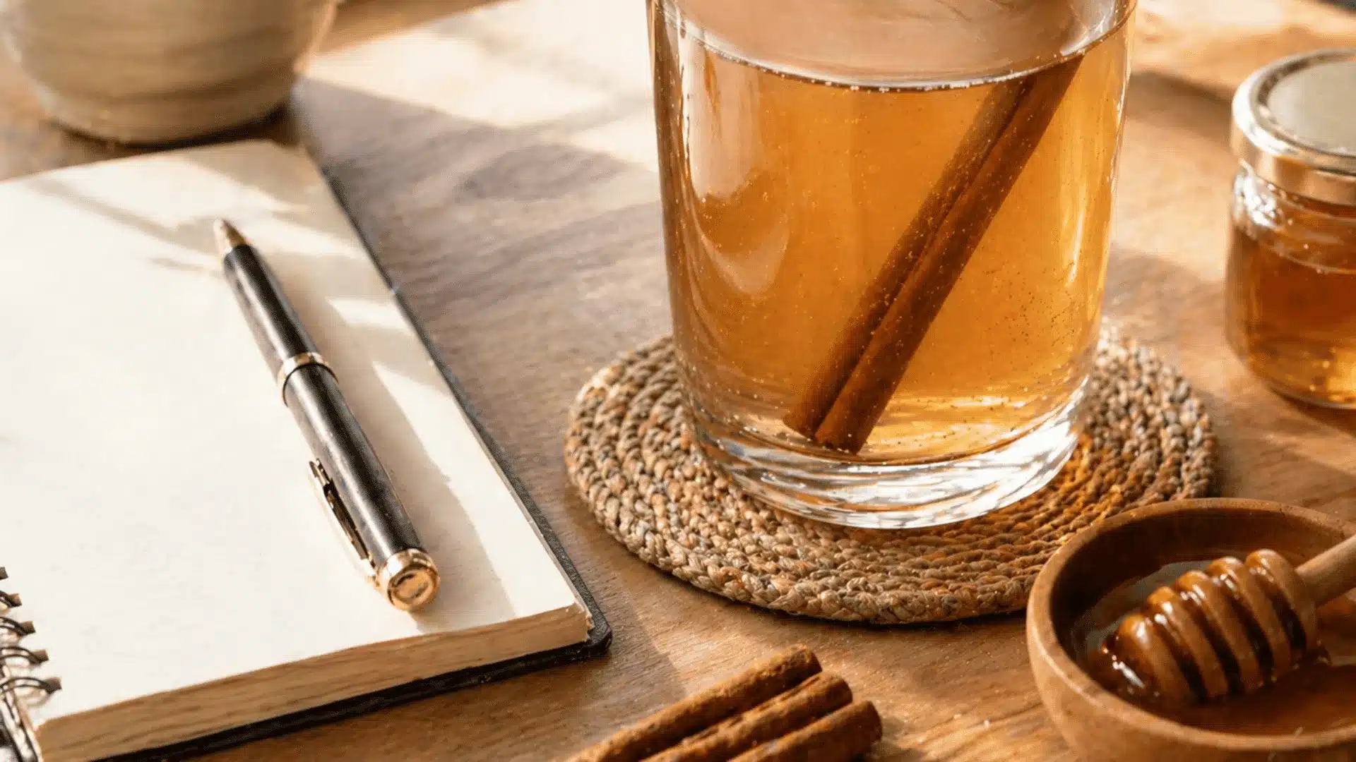 Glass of honey cinnamon water on desk with notebook in warm morning light, clean simple setup.