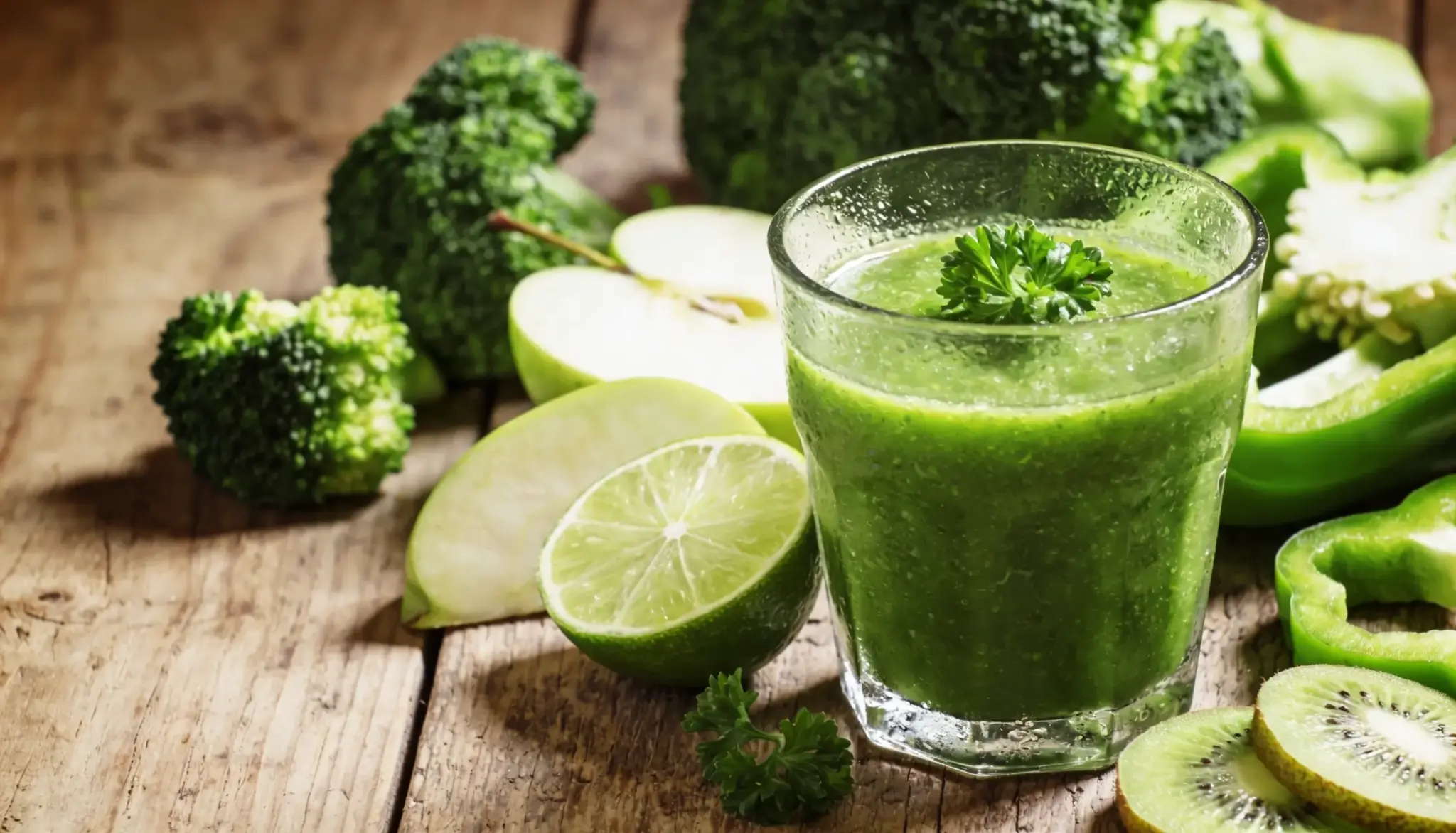 Glass of vibrant green smoothie garnished with parsley, surrounded by fresh ingredients like broccoli, sliced green apple, lime, bell pepper, and kiwi slices on a rustic wooden surface