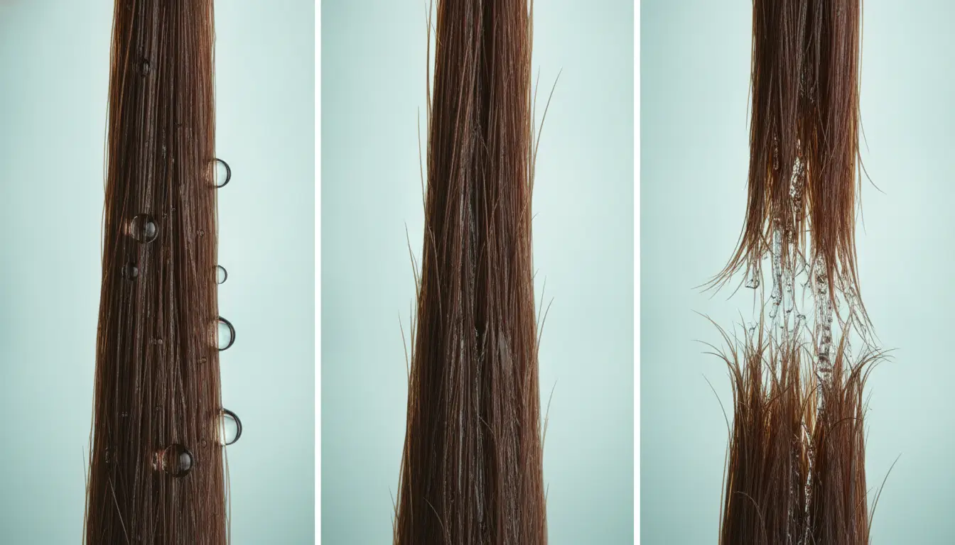 Close-up of brown hair strands showing water droplets and product application on teal background