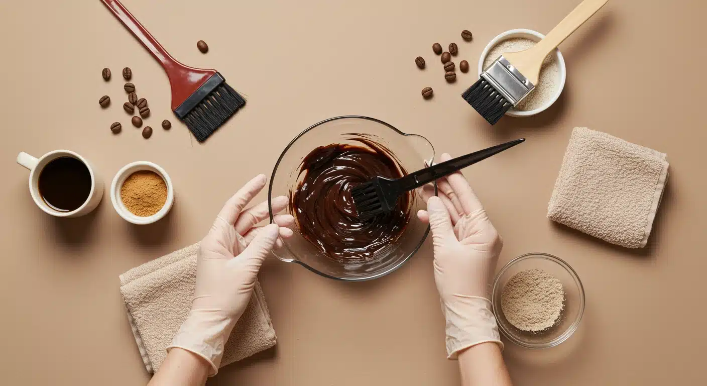 Hands in gloves mix dark brown paste in a glass bowl surrounded by coffee beans, dry powder ingredients, a cup of coffee, and application brushes on a tan surface.
