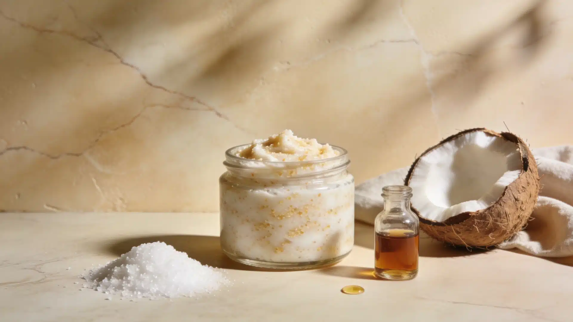 Homemade coconut sugar scrub ingredients, including a jar of scrub, a pile of salt, a cracked coconut, and a small bottle of oil, sit on a light surface.