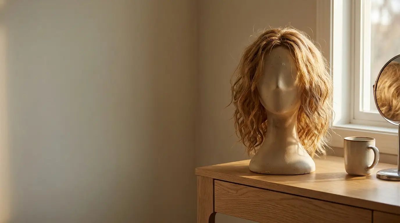 Wavy blonde wig on mannequin head on wooden table with mirror and mug nearby
