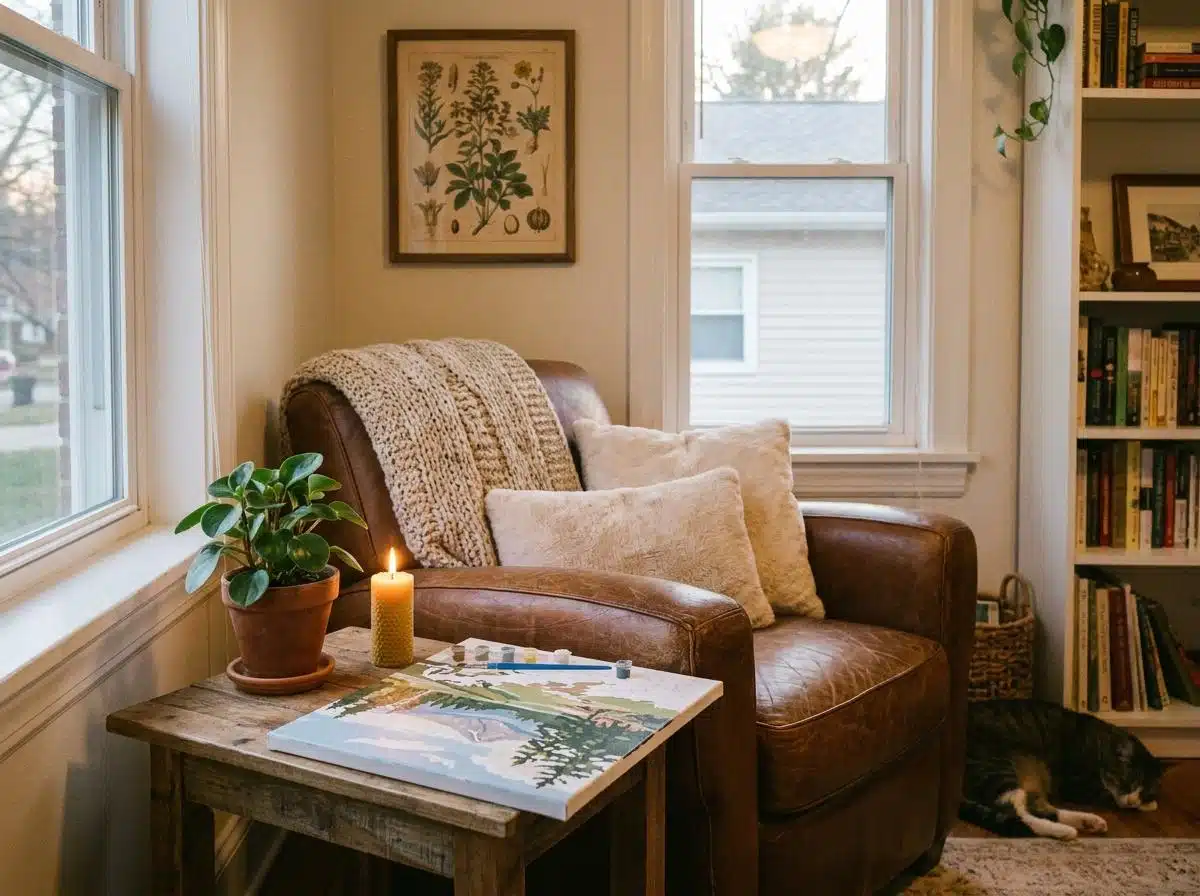 IMAGE: A cozy home nook with a comfortable chair, a small plant, a candle, a framed art piece on the wall, and a paint-by-numbers kit on a nearby side table