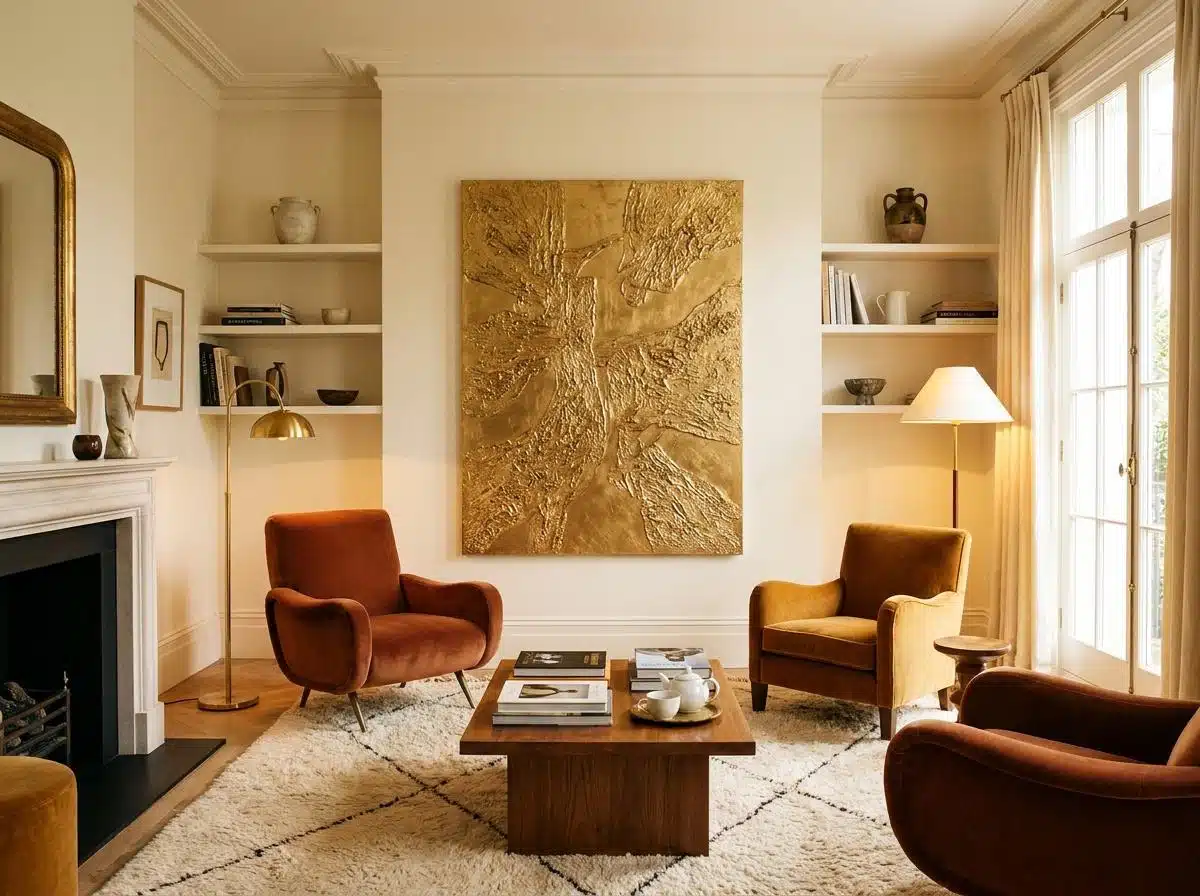 IMAGE: A living room wall featuring a metallic gold abstract artwork as a focal point, with warm-toned decor and soft lighting