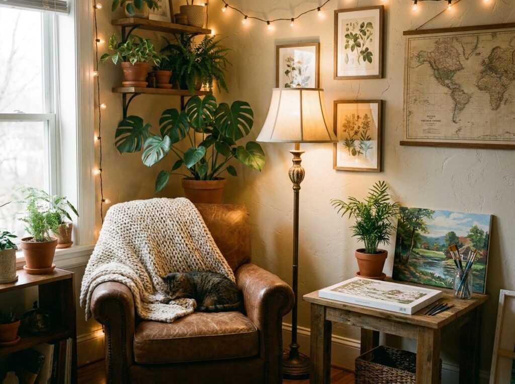 A warm, cozy home corner with a comfortable armchair, plants, soft lighting, framed art on the wall, and a paint-by-numbers kit on a side table