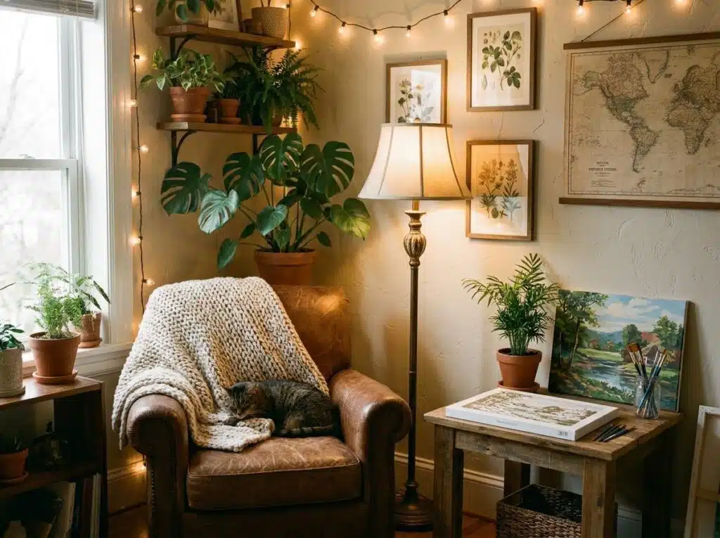 A warm, cozy home corner with a comfortable armchair, plants, soft lighting, framed art on the wall, and a paint-by-numbers kit on a side table