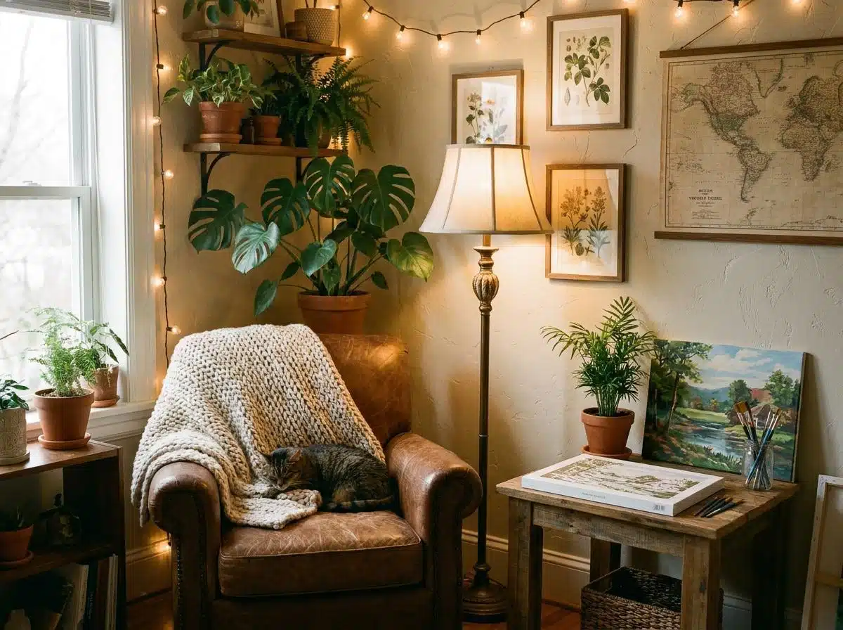 A warm, cozy home corner with a comfortable armchair, plants, soft lighting, framed art on the wall, and a paint-by-numbers kit on a side table