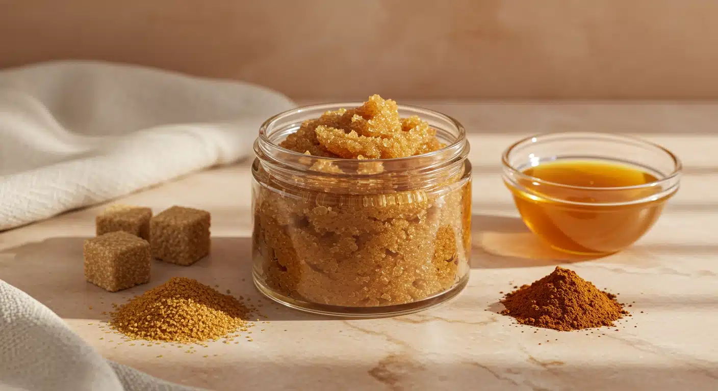 Jar of brown sugar scrub with raw sugar cubes, loose sugar, honey, and spice powder arranged on a light marble surface.